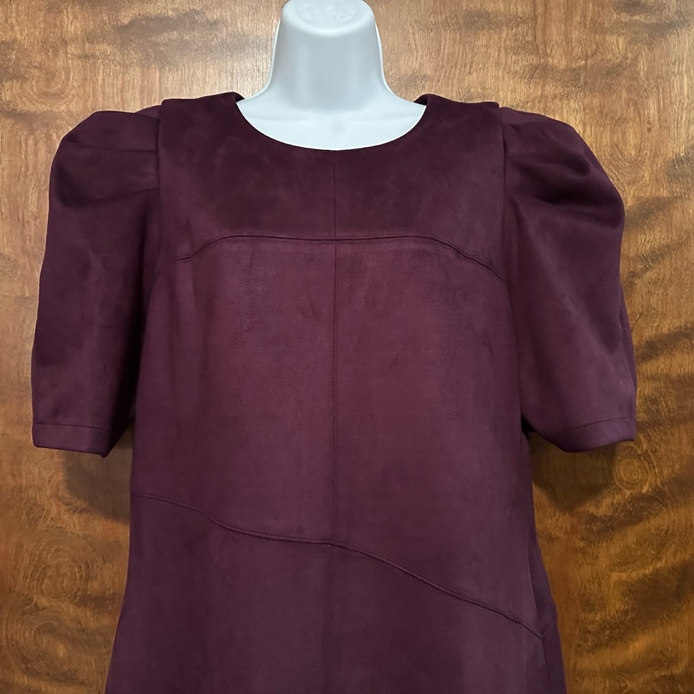 Anne Klein Short Puff Sleeve Faux Suede Fall Midi Dress Womens 12 Plum Purple - Picture 7 of 16